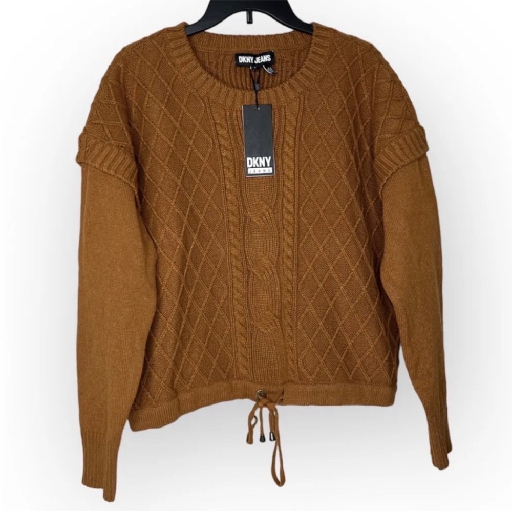 DKNY JEANS Women’s Cable Knit Drop-shoulder Long Sleeve Sweater Tan